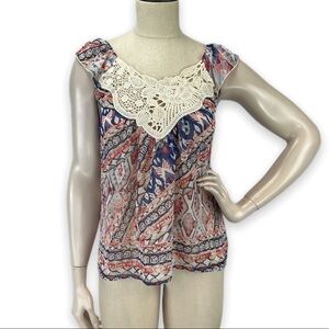 Delia’s Crochet Tribal Semi Sheer Flutter Sleeve Top Blouse Small‎ S